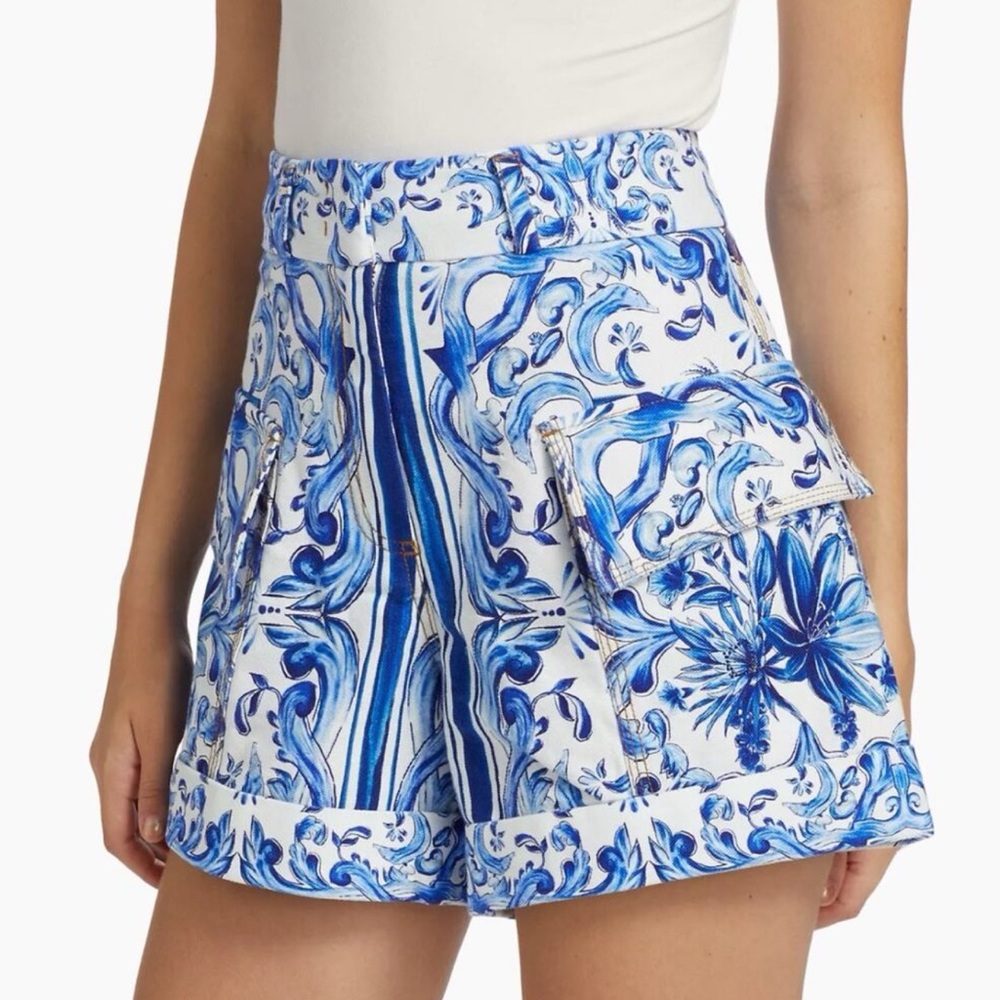 Farm Rio Garden Tile Blue & White High-Waist Cotton Twill Cargo Shorts Size 29/8